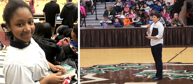 Women’s Basketball Team speak and commented, "These girls try hard because they believe they can inspire others". (Right) 6th grade students listen to presenter Dr. Darline Berrios speak on the importance of education.