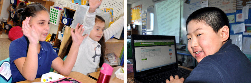 Photo: (Left) 2nd graders Camila M. and Amalia A. dance to the music of “Higher, Higher” as they” skip count” from 10 to 100. (Right) 4th grader Kai Ishizuka practices reducing fractions using IXL Learning Technology.
